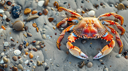 Elegant crab with coastal colors on sandy beach among pebbles and shells