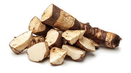 Chopped Colocasia Root isolated in white background