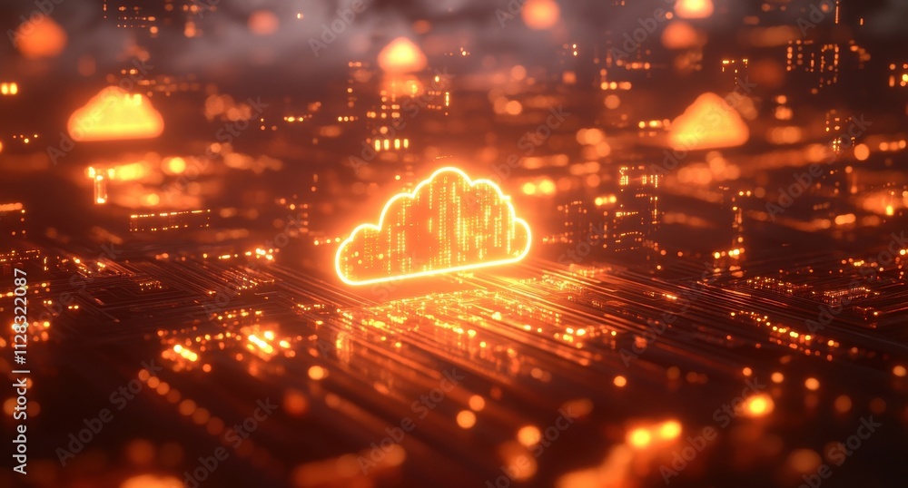 Poster Futuristic Orange Cloud Symbol Illuminated in a Digital Landscape with Abstract Circuit Patterns and Glowing Particles Representing Data Storage and Connectivity