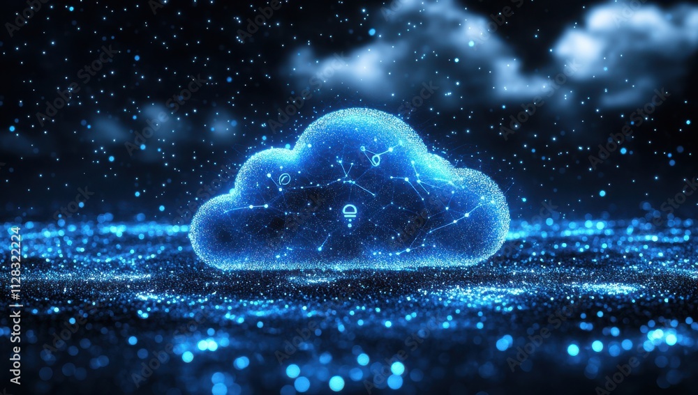 Poster glowing digital cloud with network connections in dark starry sky, symbolizing data storage, technol