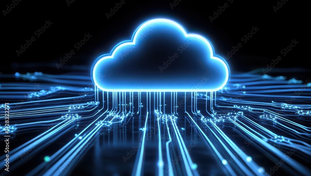 Poster glowing cloud icon with data connections representing cloud computing and digital networks in a futu