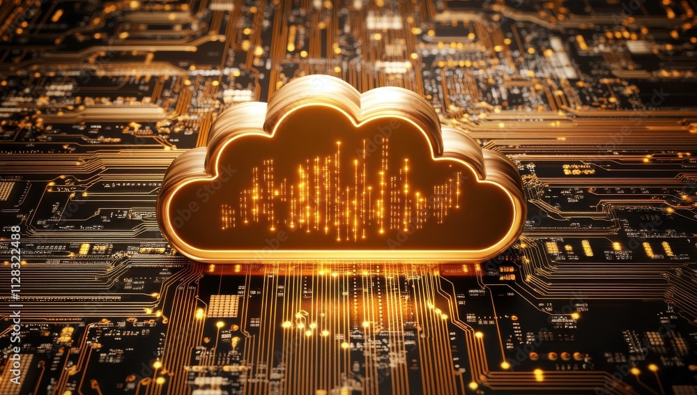 Aufkleber golden cloud icon on circuit board background representing digital data storage and technology conce