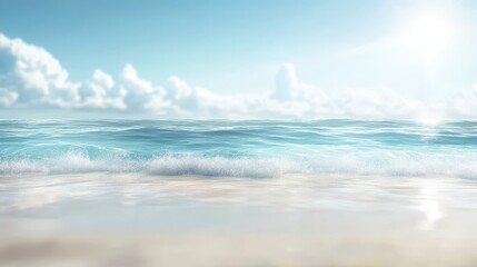 Fototapeta premium Serene beach scene with gentle waves under a sunny sky. Ideal for travel, vacation, or summer themes; evokes relaxation and peace.