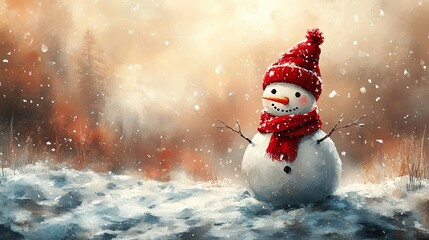 Fototapeta premium Cheerful Snowman with Red Scarf in a Winter Wonderland