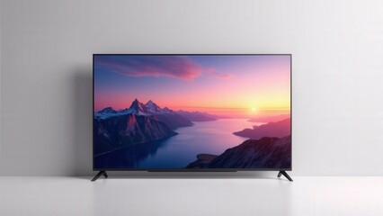 Fototapeta premium Stunning 3D TV with landscape view of a serene mountain range, highlighted by soft reflections, thin bezels, and a clean, neutral background for a professional look