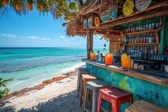 Tropical beach bar serving refreshing cocktails under a sunny sky