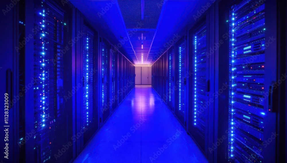 Poster high-tech data center with illuminated server racks in blue light, featuring network equipment and m
