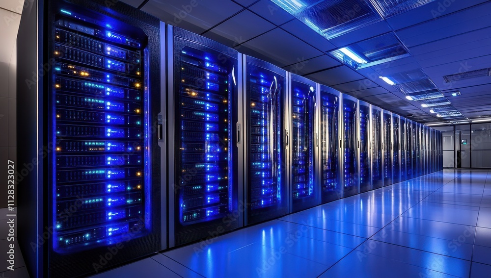 Aufkleber high-tech data center with illuminated racks of servers and advanced cooling system creating an inno