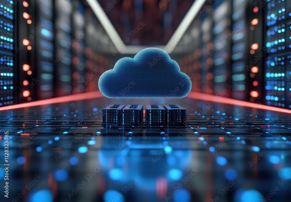 Aufkleber high-tech digital cloud storage concept overlooking server room with data center lights illuminating