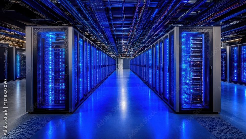 Poster high-tech data center with rows of server racks illuminated by blue led lights, showcasing advanced 
