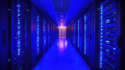 Fototapeta premium High-Tech Data Center with Illuminated Server Racks in Blue Light, Featuring Network Equipment and Modern Technology Infrastructure