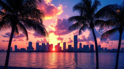 beautiful sunset over a city skyline with palm trees