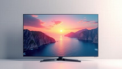 Fototapeta premium A modern 3D TV with landscape view showcasing vibrant colors, sleek thin bezels, and soft lighting against a clean background
