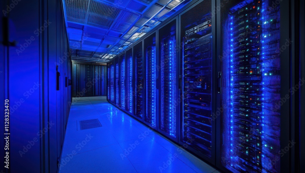 Poster interior view of a modern data center with illuminated server racks and cool lighting for technology