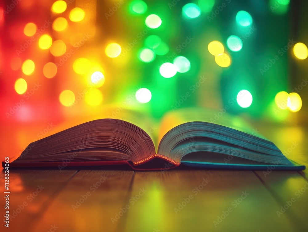 Poster open book with colorful bokeh lights in the background