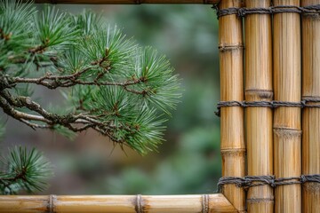 Pine tree branch extending over bamboo frame in japanese garden