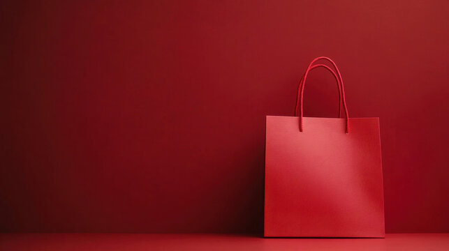 deep red paper shopping bag stands against matching red background, creating striking visual effect. This evokes sense of elegance and simplicity