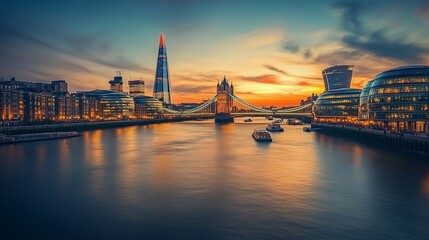Naklejka premium As dusk falls, London's skyline dazzles with lights reflecting on the Thames, blending tradition and innovation.