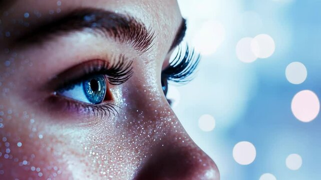 Close-up of glittery eyelashes and sparkling skin with blue eye on bokeh background.