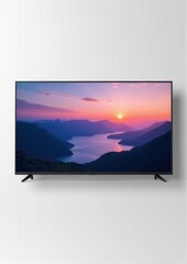 Fototapeta premium A clean 3D TV with landscape view of a vibrant ocean sunset, featuring a glossy screen and subtle lighting for a professional look