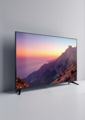 Fototapeta premium Realistic 3D TV with landscape view featuring a serene mountain range, glossy screen, and thin bezels for a clean and modern presentation