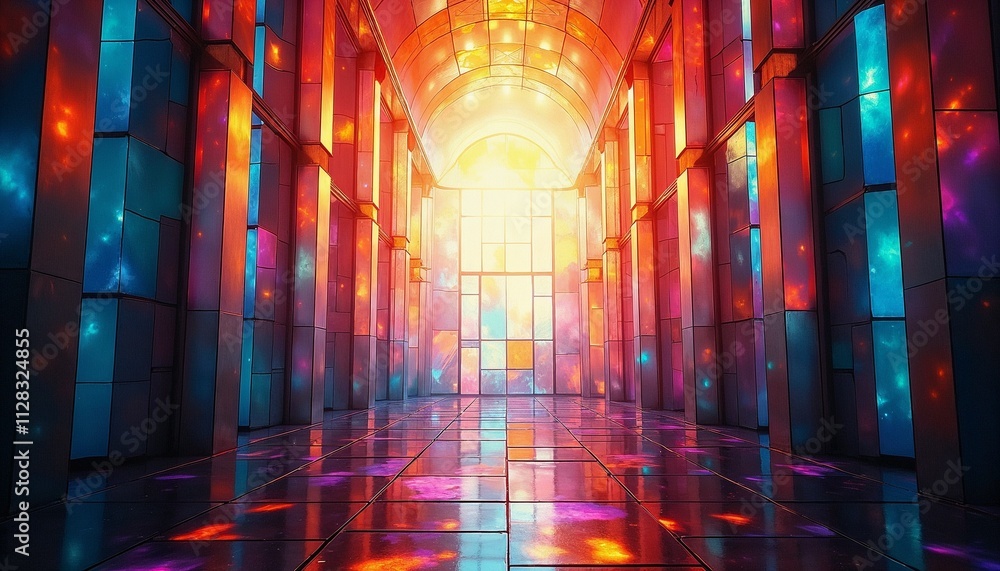 Poster vibrant abstract hall, illuminated with colorful reflections and empty center space