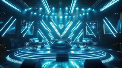 Futuristic esports arena stage with vibrant blue neon lighting and sleek gaming setups.