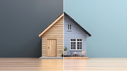 A split image of two houses showcasing contrasting designs, one rustic and woodsy, the other modern and stylish, set against solid color backgrounds.