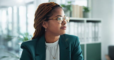 Thinking, idea and business woman in office for solution, planning and problem solving. Corporate,...