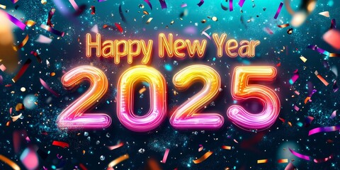 Vibrant New Year 2025 celebration with neon numbers, colorful confetti, and festive ribbons against a sparkling blue background.



