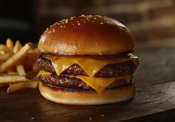 Juicy Triple Cheeseburger with Melted Cheese Slices Served Alongside Golden French Fries on a Wooden Table with Rustic Background