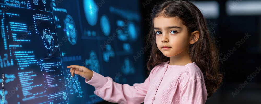 Poster a young girl interacts with a digital interface displaying futuristic data and graphics, showcasing 