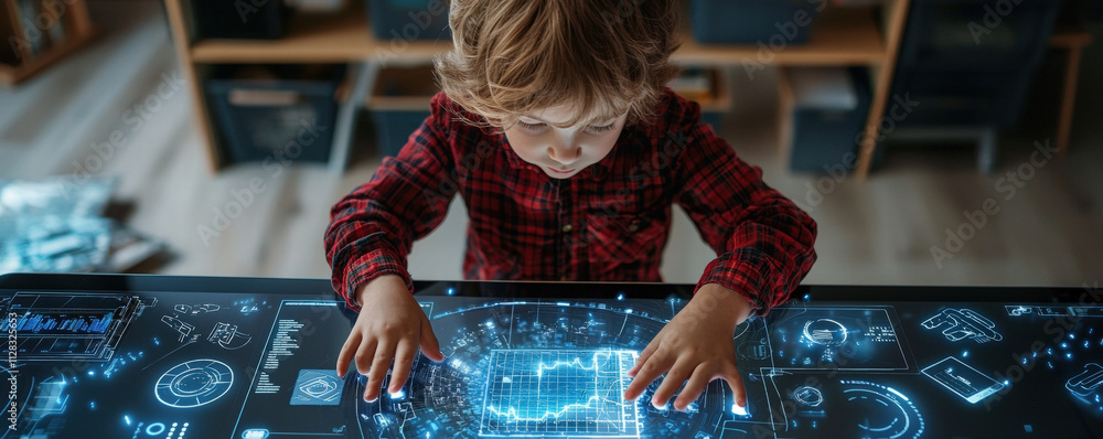 Poster a young child interacts with a futuristic touchscreen display, exploring digital interfaces and tech