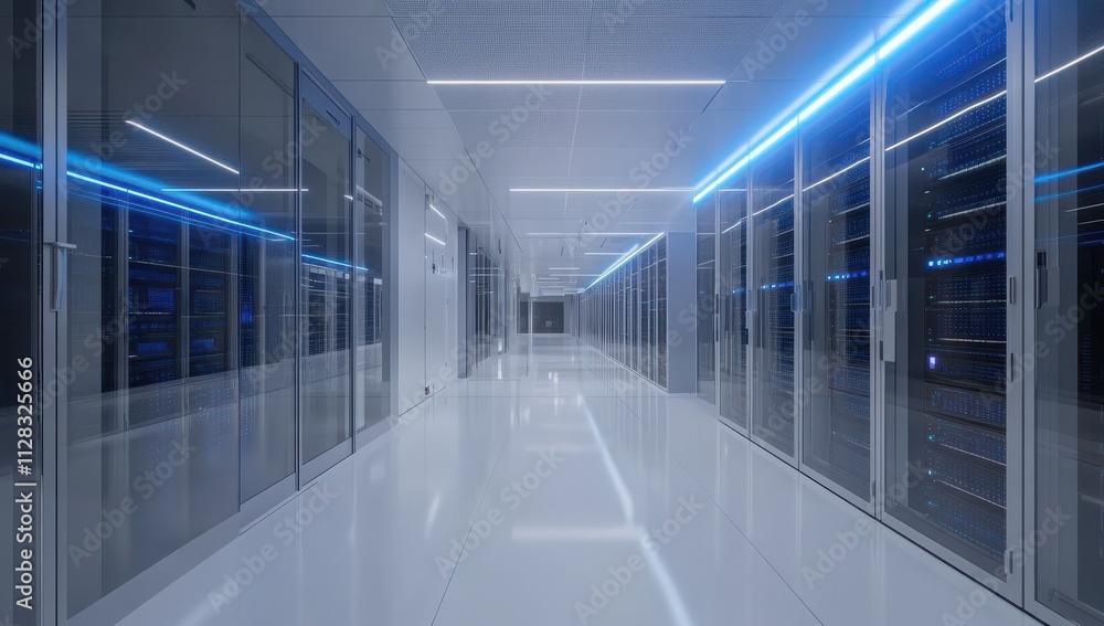 Aufkleber modern data center corridor with sleek server racks and ambient blue lighting for technology and inf