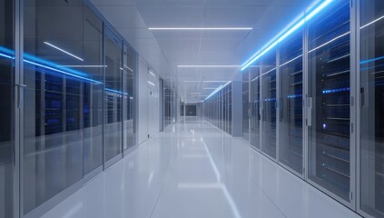 Fototapeta premium Modern Data Center Corridor with Sleek Server Racks and Ambient Blue Lighting for Technology and Infrastructure Concepts