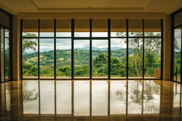 spacious interior with large windows overlooking a scenic landscape