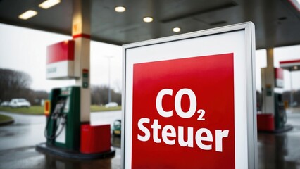 Tankstelle mit Display im Vordergrund auf welchem "CO2 Steuer" steht