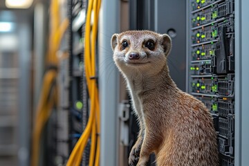 A cute meerkat peeks from a server rack. Illustrates IT support, tech humor, or animal themes.