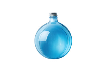 Unique round blue glass bottle filled with clear water on a neutral background