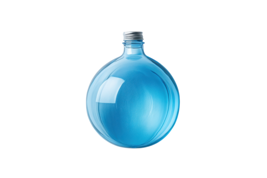 Unique round blue glass bottle filled with clear water on a neutral background