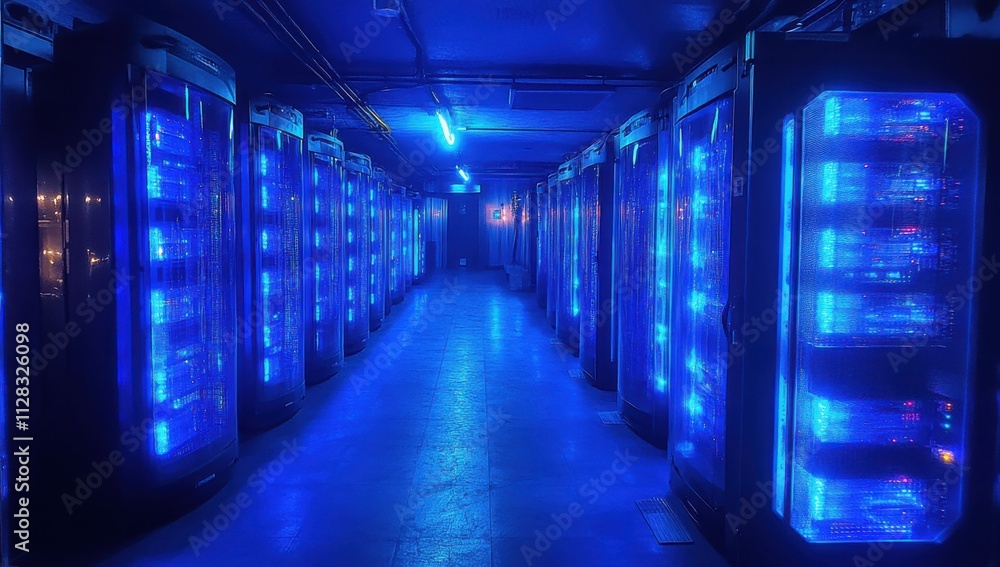 Poster modern data center with rows of high-tech servers illuminated by blue led lights for advanced comput