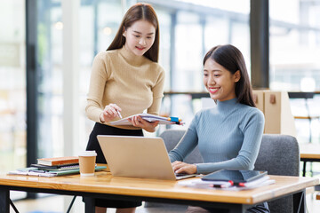 Two Business Documents, Auditor businesswoman checking searching document legal prepare paperwork or report for analysis TAX time,accountant Documents data contract partner deal in workplace office	
