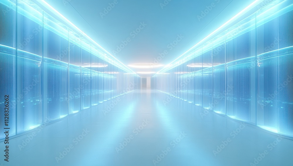 Poster modern futuristic corridor with soft blue lighting and transparent walls creating a serene and high-