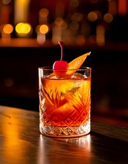 A crystal glass with an old-fashioned cocktail, garnished with an orange peel and cherry, placed on a bar counter under warm ambient lighting.
