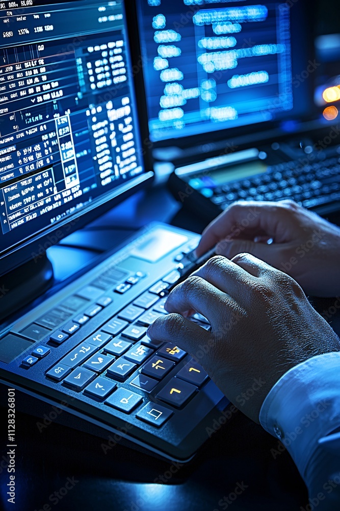 Poster a financial analyst inputting data into a tax calculation software on a dual monitor setup