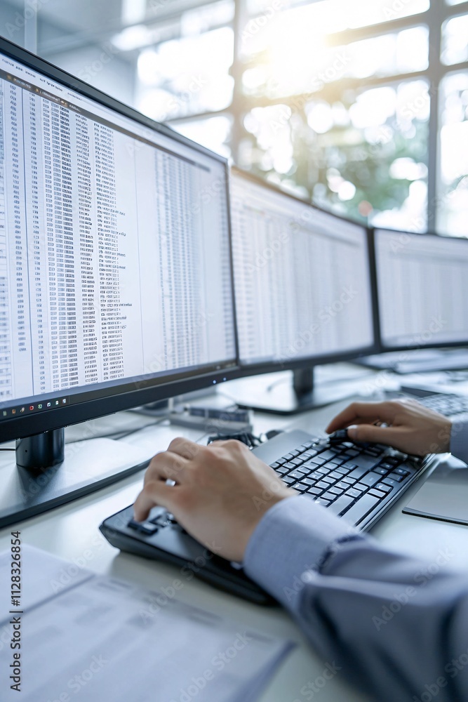 Poster a financial analyst inputting data into a tax calculation software on a dual monitor setup