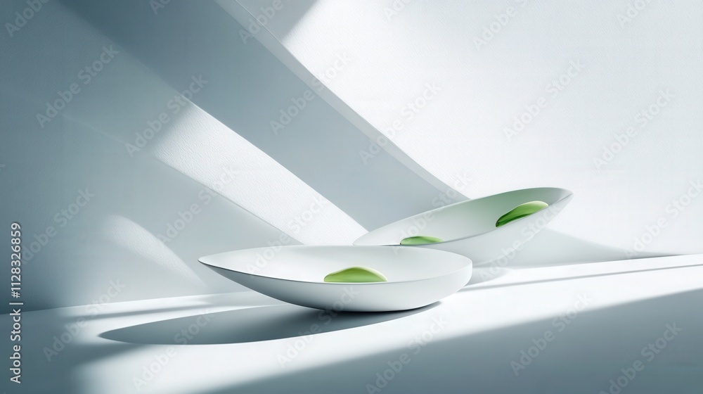 Poster elegant minimalist design with white bowls and green elements showcasing clean lines and soft shadow