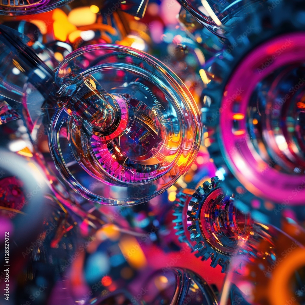Poster abstract colorful gears and glass structures in a dynamic composition