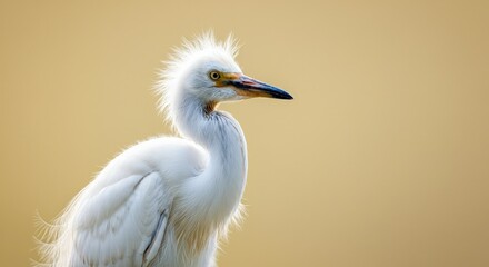 Obraz premium Elegant white heron against warm golden background for nature and wildlife design