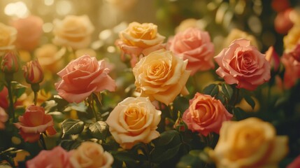 Peach and Yellow Roses Bloom in Soft Sunlight